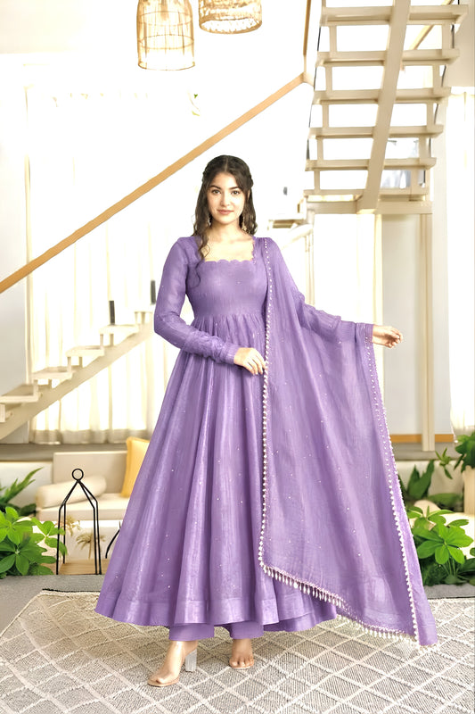 Mesmerizing Lavender Salsa Silk Designer Anarkali Suit with Crush Work and Dupatta for Women