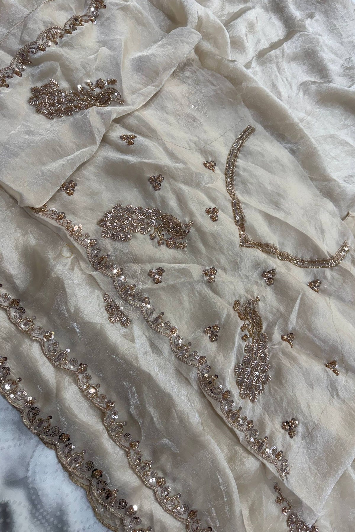 Exquisite White Fendy Satin Silk Saree Sequin Cut Dana Embroidery Work for Women