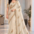 Exquisite White Fendy Satin Silk Saree Sequin Cut Dana Embroidery Work for Women