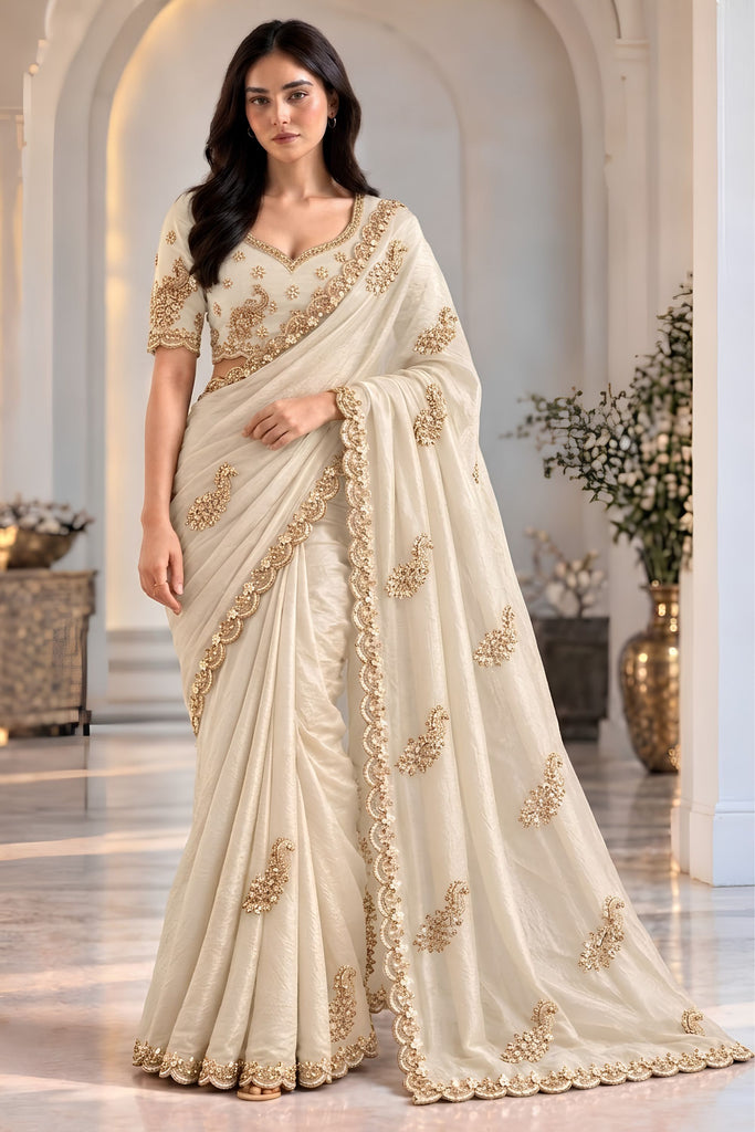 Exquisite White Fendy Satin Silk Saree Sequin Cut Dana Embroidery Work for Women