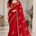 Regal Red Fendy Satin Silk Saree with Sequin Cut Dana Embroidery Work for Women