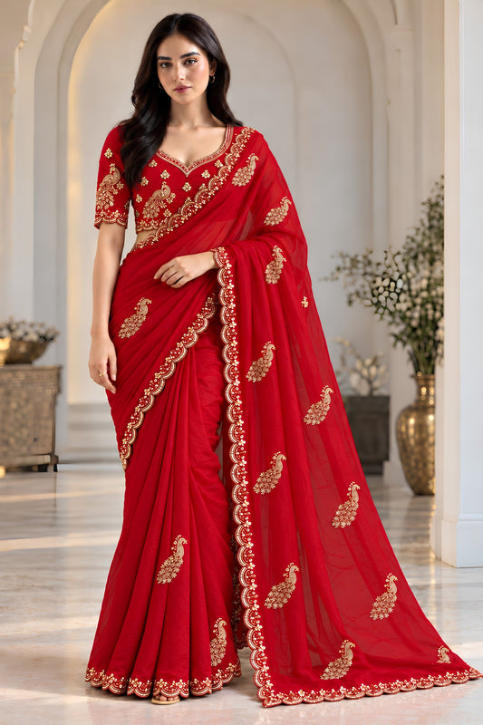 Regal Red Fendy Satin Silk Saree with Sequin Cut Dana Embroidery Work for Women