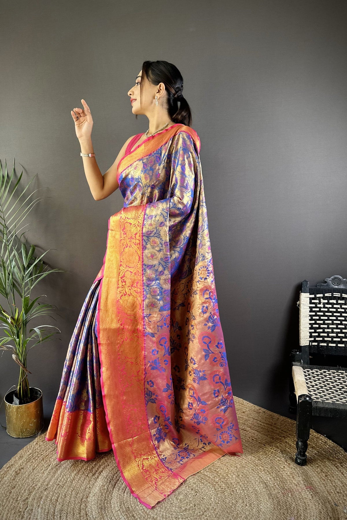 Regal Blue Kanjivaram Tissue Silk Saree Jacquard Work for Women
