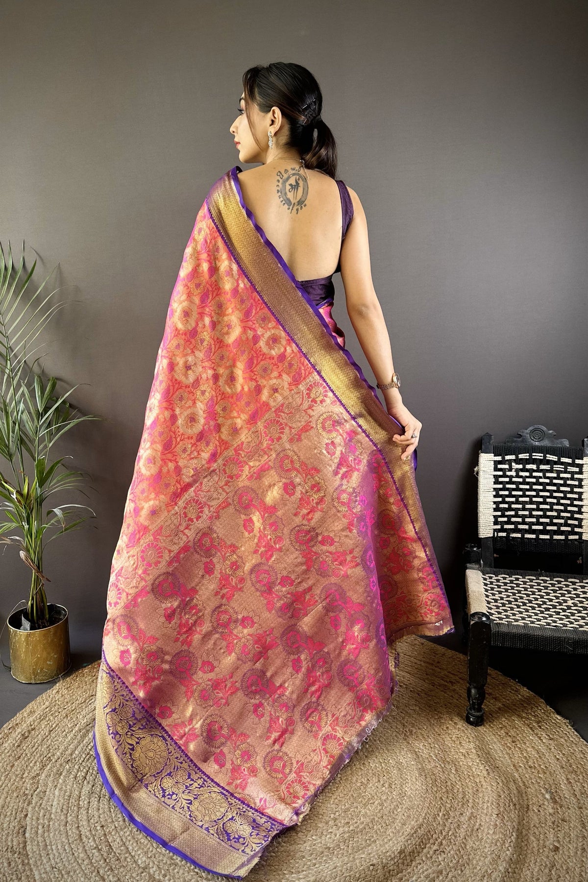 Exquisite Rani Pink Kanjivaram Tissue Silk Saree Jacquard Work for Women
