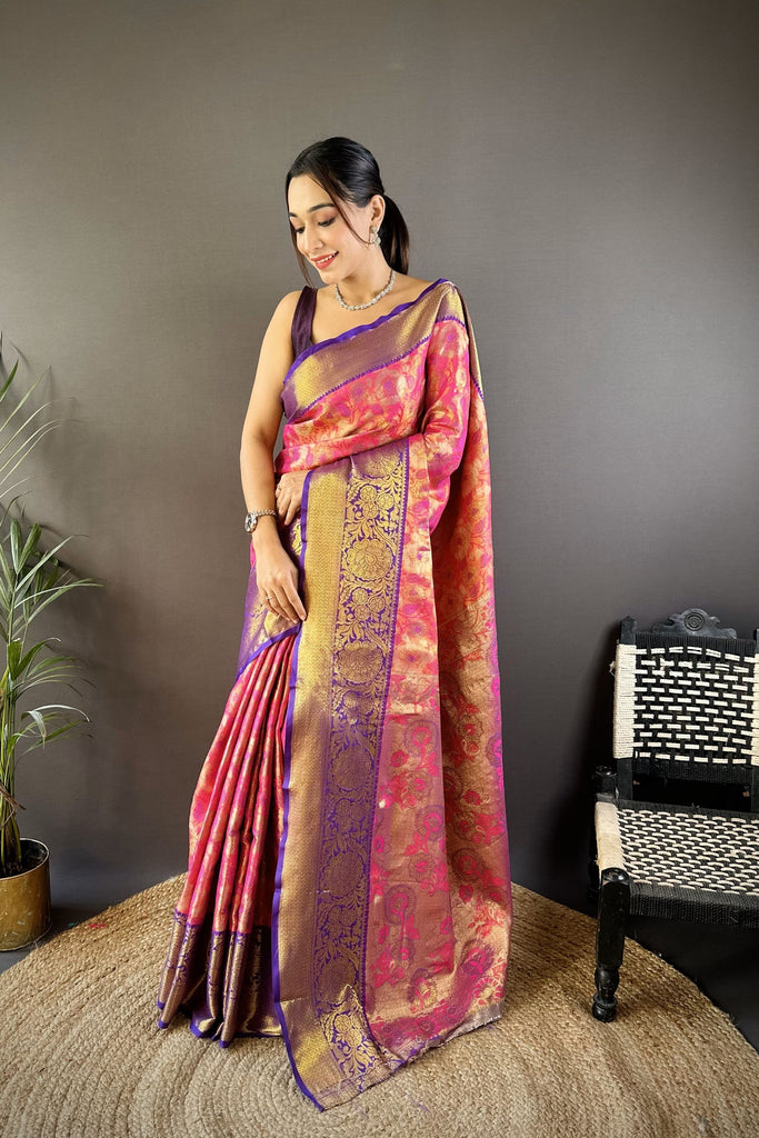 Exquisite Rani Pink Kanjivaram Tissue Silk Saree Jacquard Work for Women