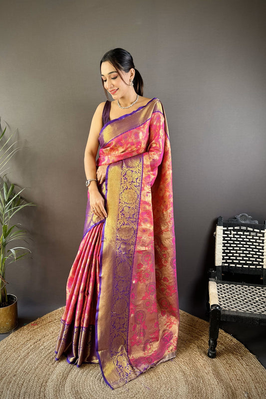 Exquisite Rani Pink Kanjivaram Tissue Silk Saree Jacquard Work for Women