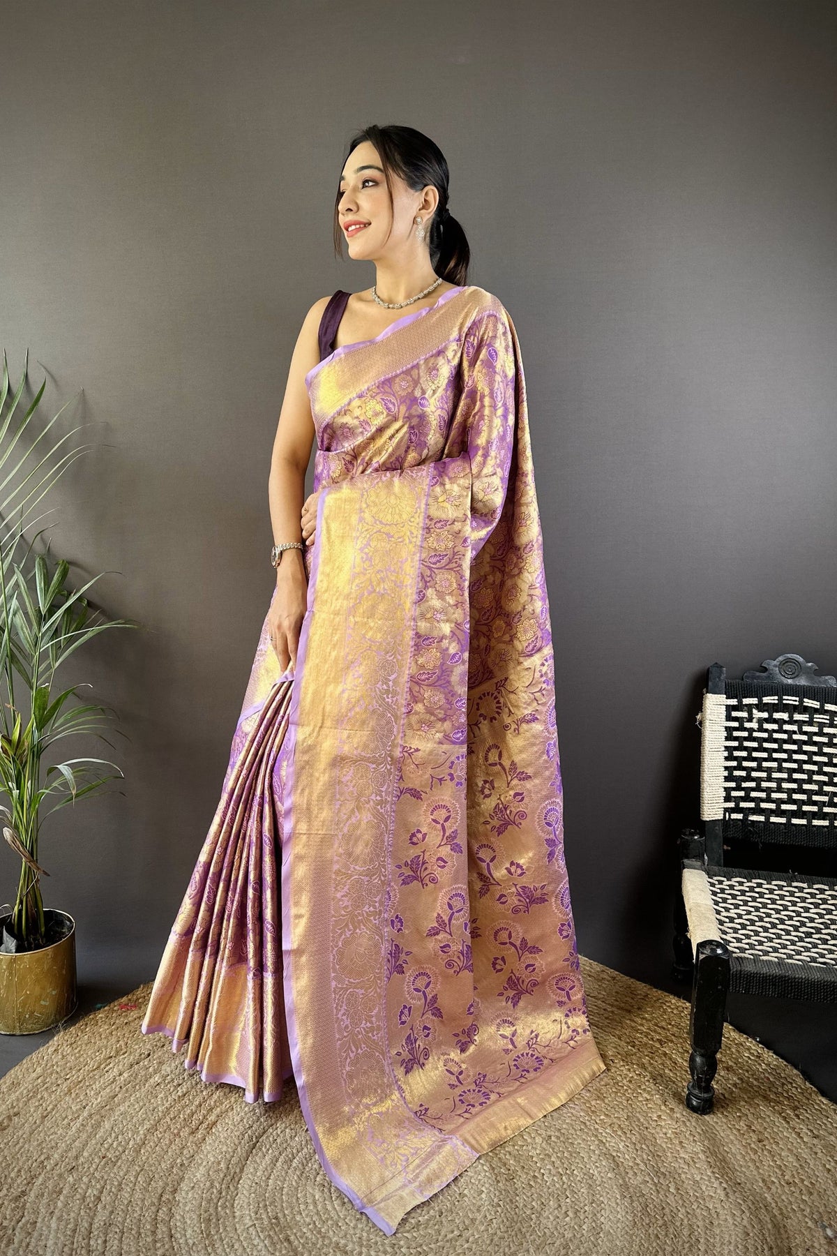 Stylish Lavender Kanjivaram Tissue Silk Saree Jacquard Work for Women