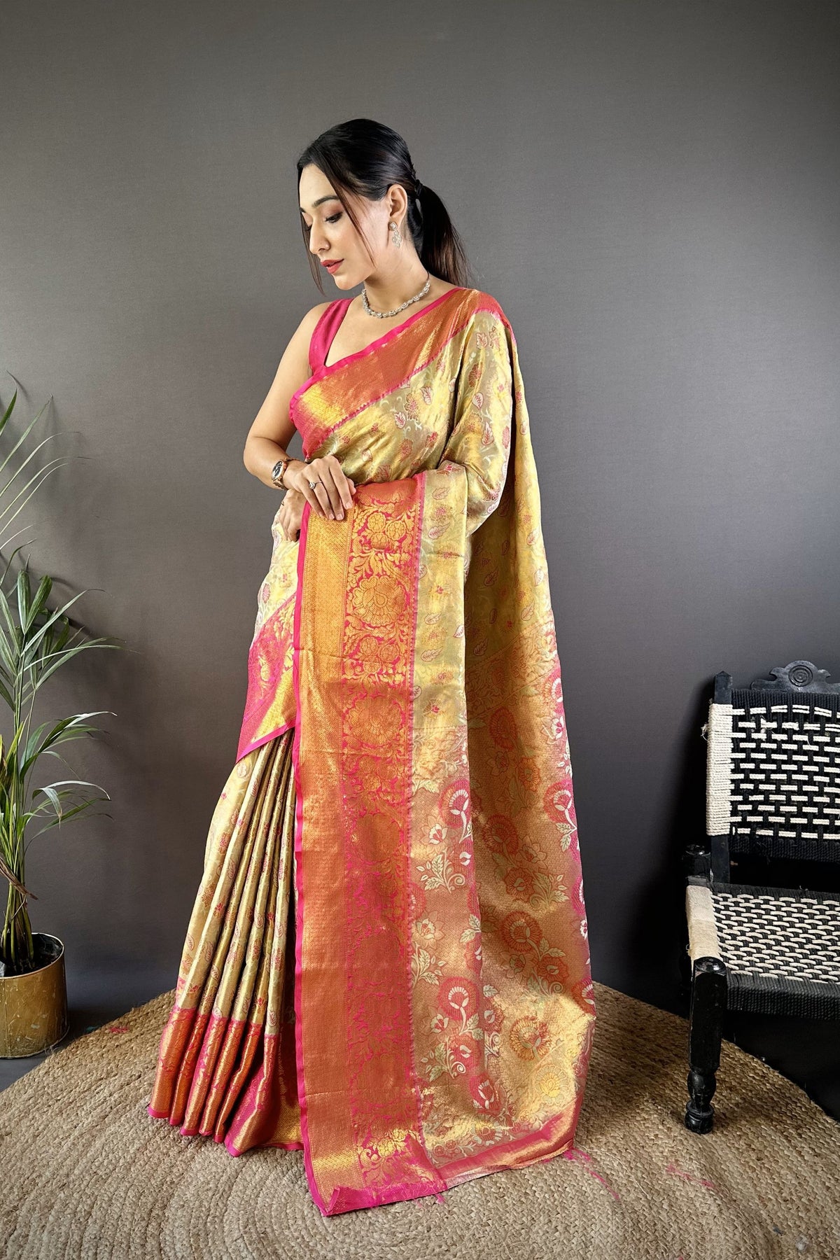 Radiant Yellow Kanjivaram Tissue Silk Saree Jacquard Work for Women