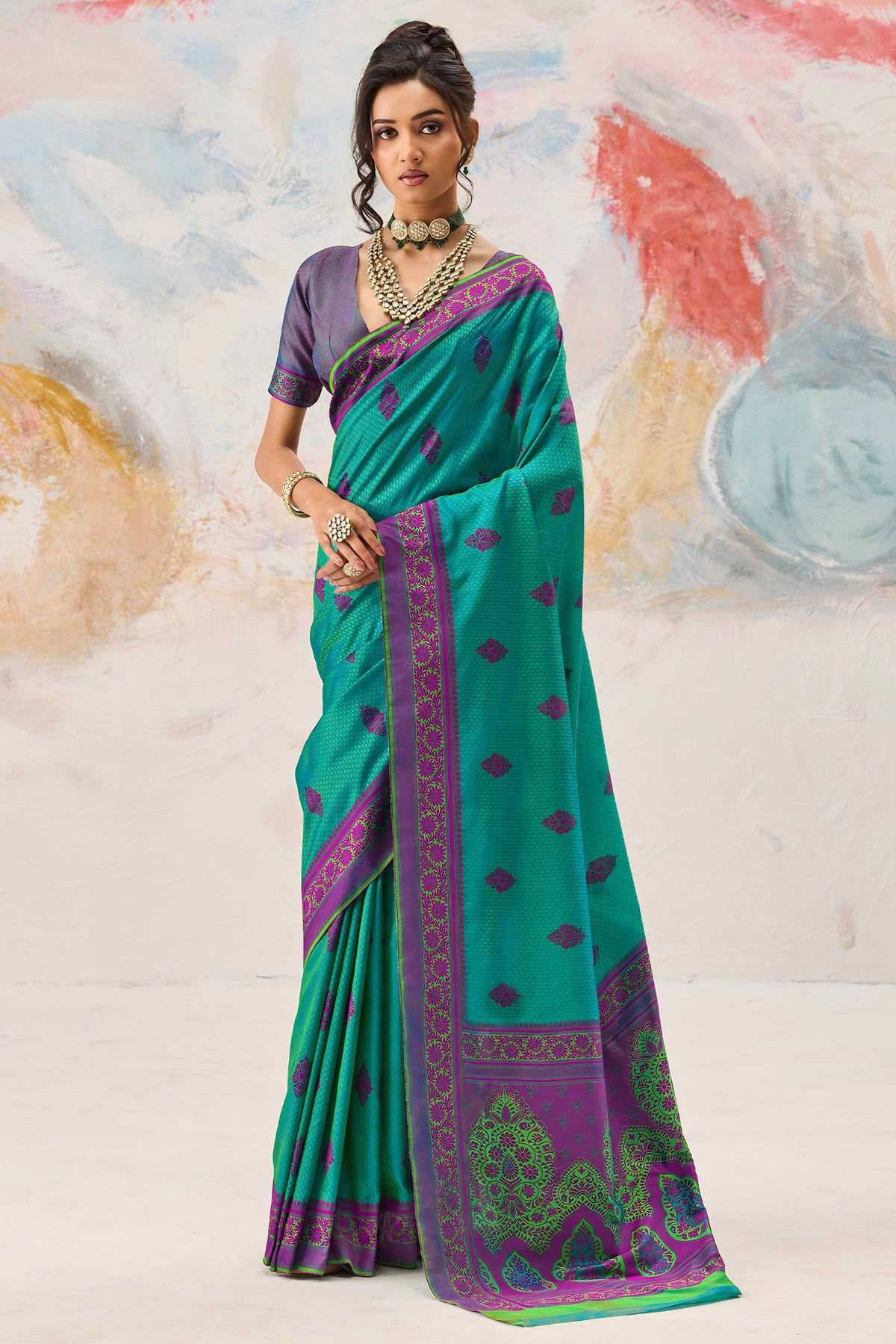 Vibrant Teal Green Kanjivaram Silk Saree Zari Weaving Work for Women