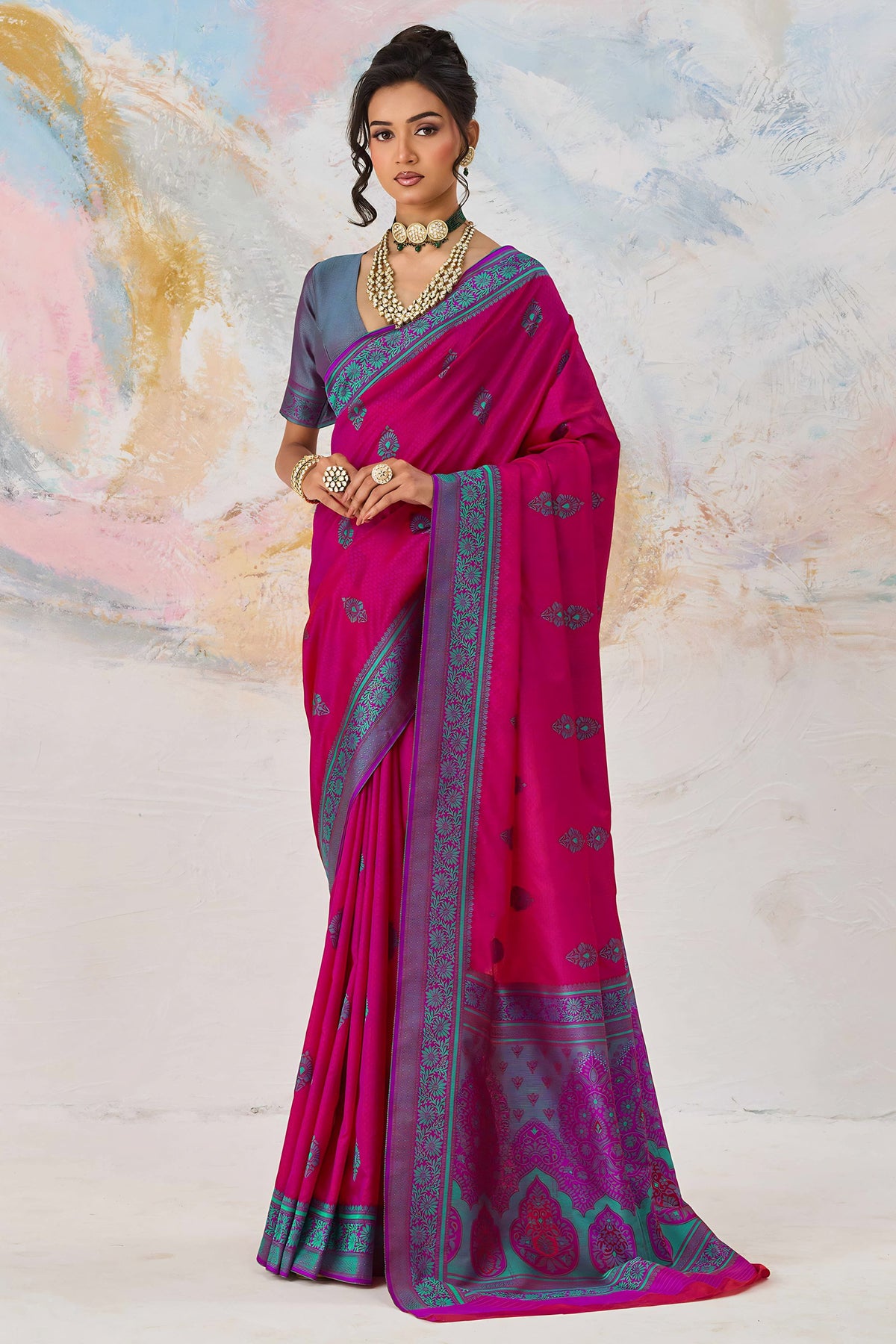 Striking Rani Pink Kanjivaram Silk Saree Zari Weaving Work for Women
