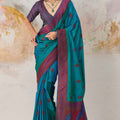 Stylish Teal Blue Kanjivaram Silk Saree with Zari Weaving Work for Women 