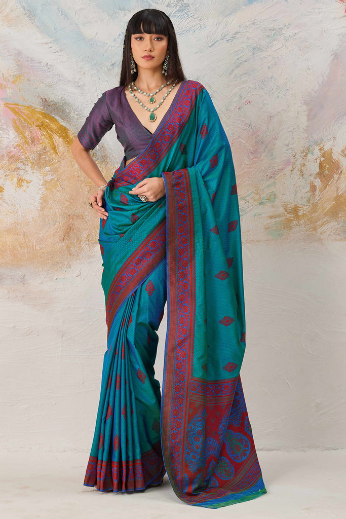 Stylish Teal Blue Kanjivaram Silk Saree with Zari Weaving Work for Women 