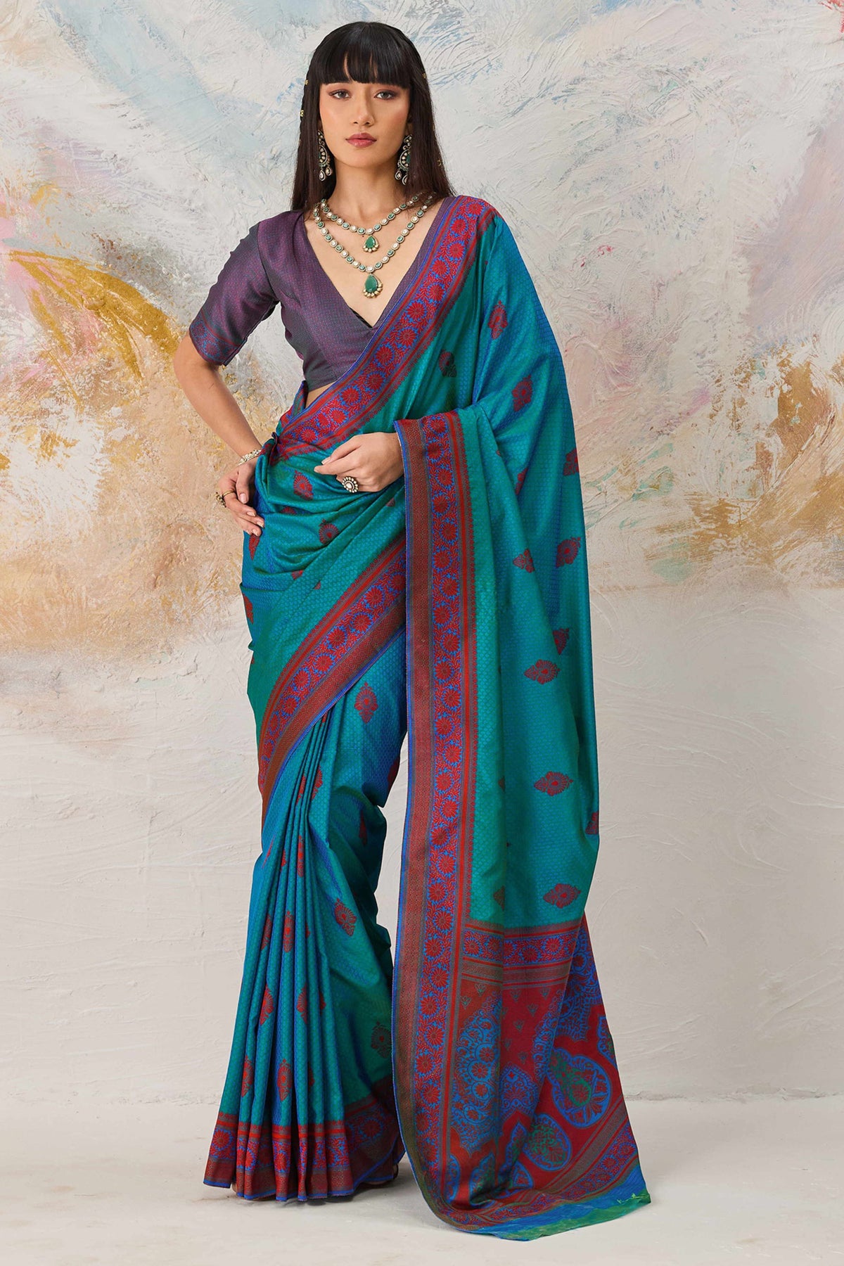 Stylish Teal Blue Kanjivaram Silk Saree with Zari Weaving Work for Women 