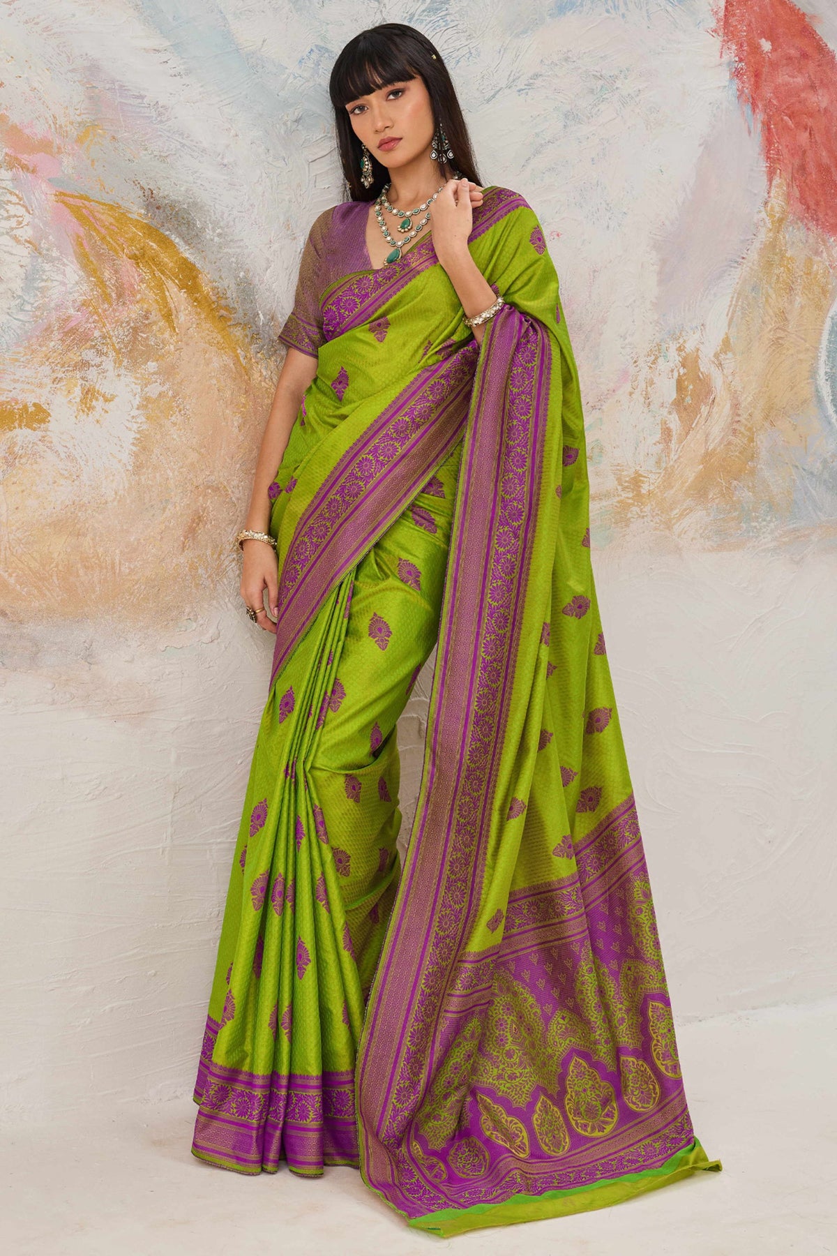 Radiant Parrot Green Kanjivaram Silk Saree Zari Weaving Work for Women