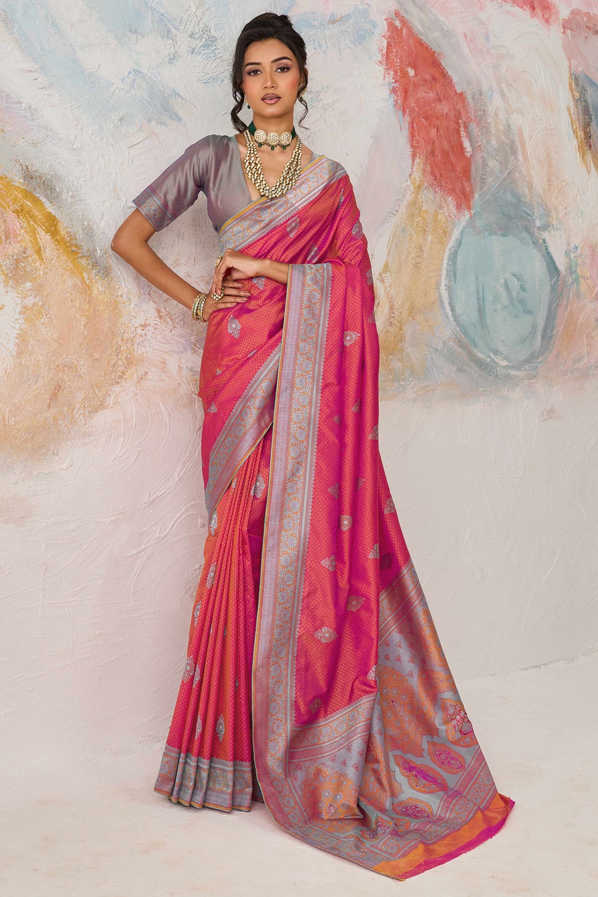 Graceful Pink Kanjivaram Silk Saree Zari Weaving Work for Women
