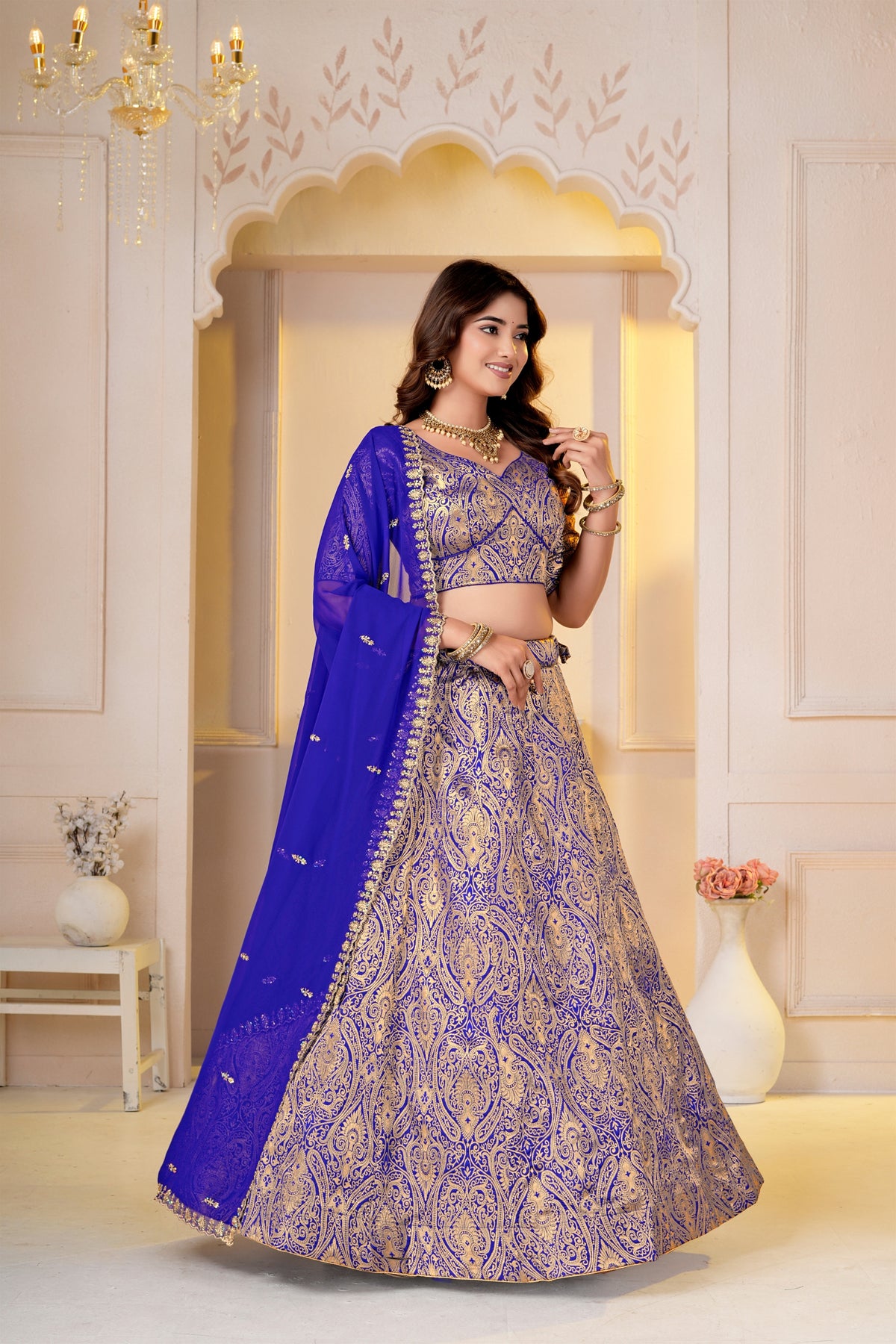 Majestic Royal Blue Brocade Designer Lehenga Choli with Jacquard and Weaving Work