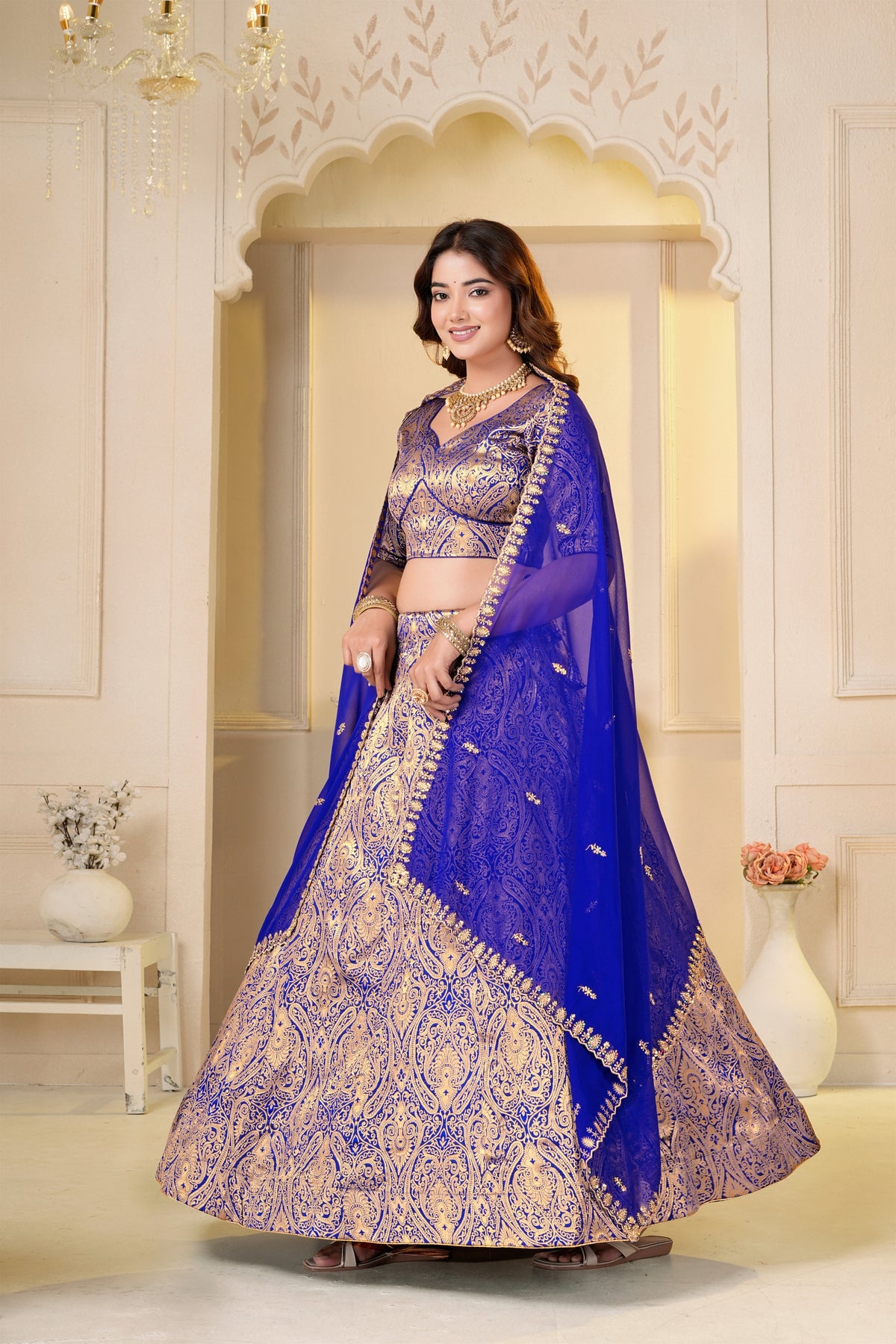 Majestic Royal Blue Brocade Designer Lehenga Choli with Jacquard and Weaving Work