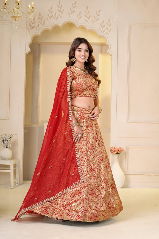Exquisite Red Brocade Designer Lehenga Choli with Jacquard and Weaving Work