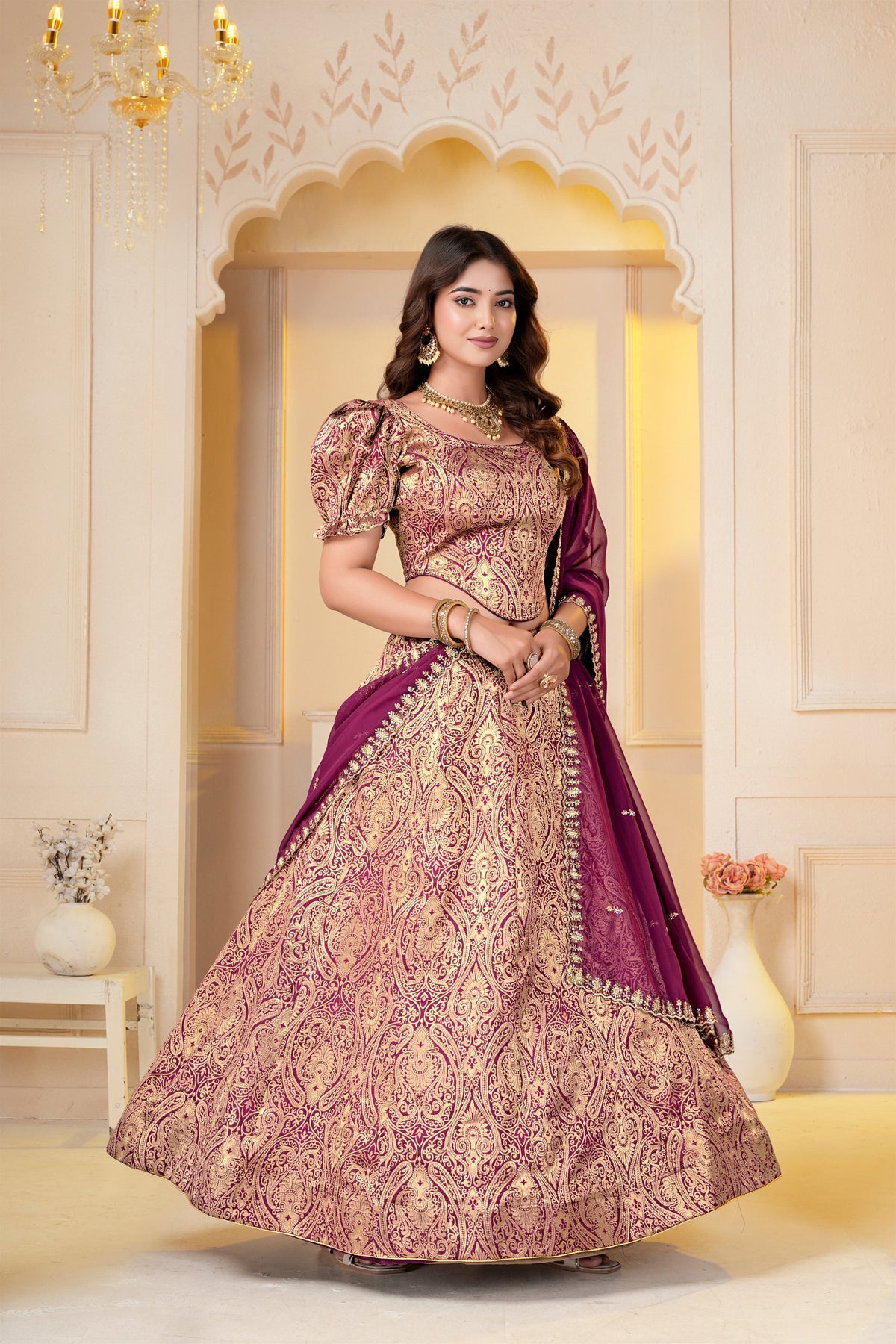Captivating Wine Brocade Designer Lehenga Choli with Jacquard and Weaving Work