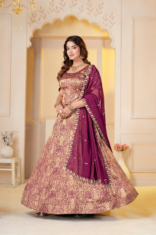 Captivating Wine Brocade Designer Lehenga Choli with Jacquard and Weaving Work