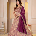 Captivating Wine Brocade Designer Lehenga Choli with Jacquard and Weaving Work