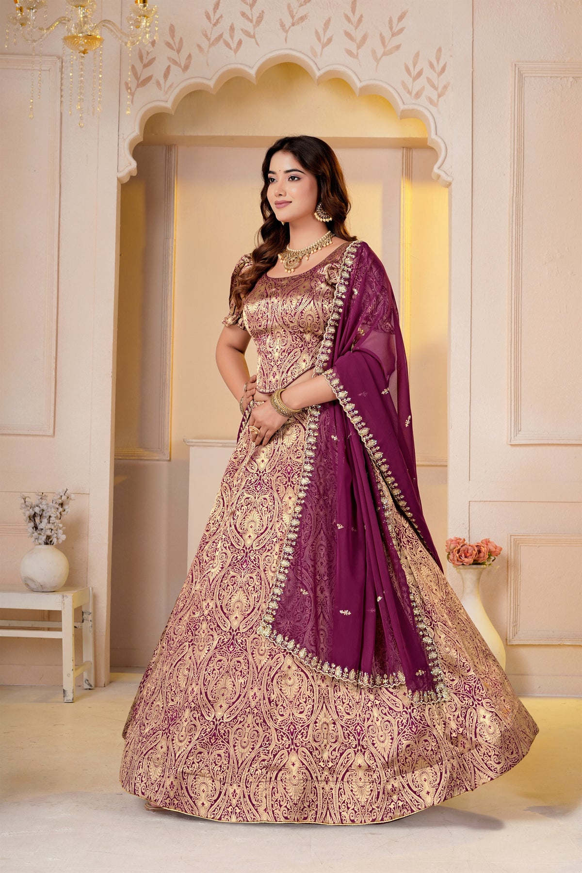 Captivating Wine Brocade Designer Lehenga Choli with Jacquard and Weaving Work