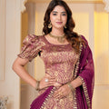 Captivating Wine Brocade Designer Lehenga Choli with Jacquard and Weaving Work