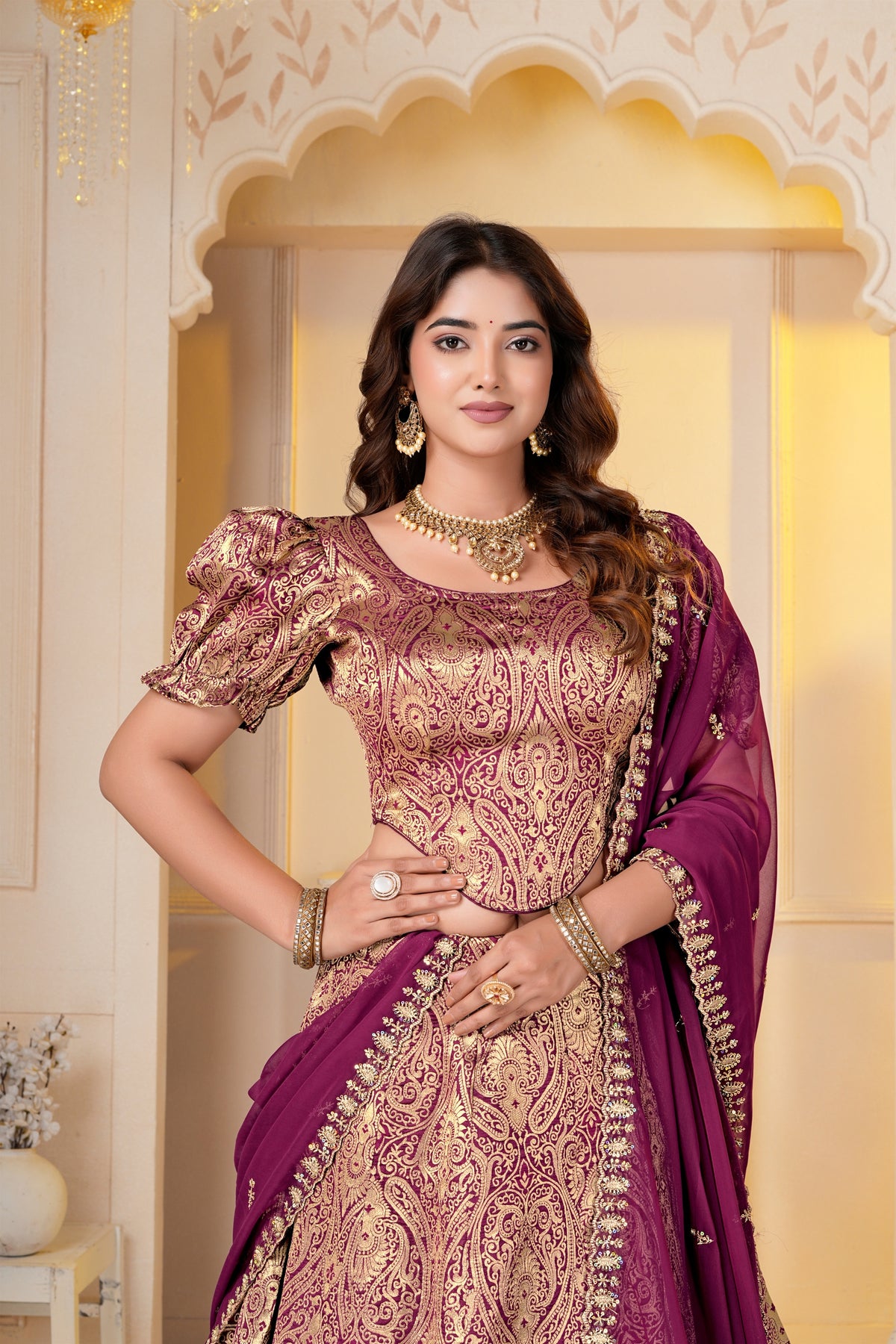 Captivating Wine Brocade Designer Lehenga Choli with Jacquard and Weaving Work