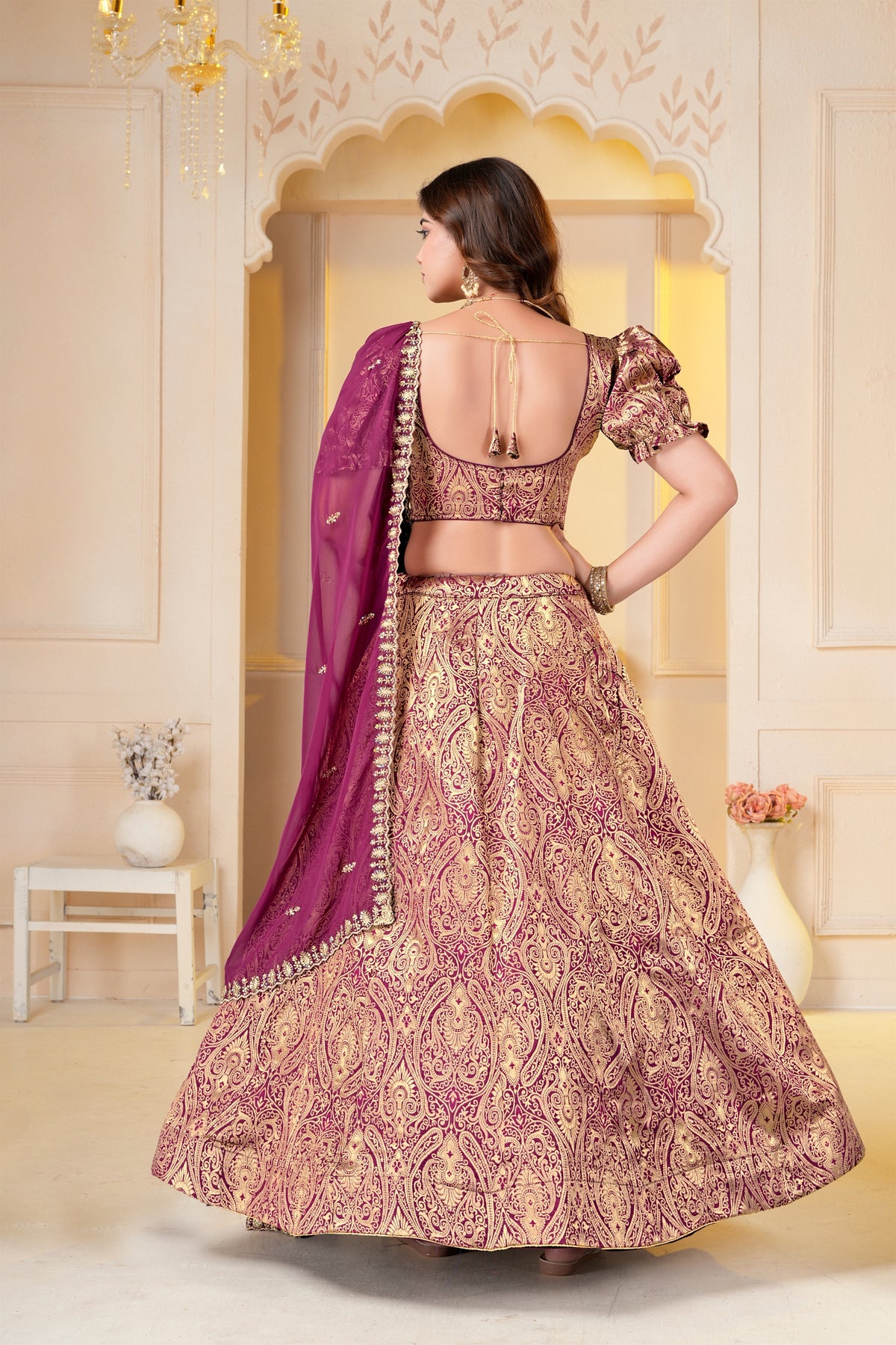 Captivating Wine Brocade Designer Lehenga Choli with Jacquard and Weaving Work