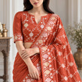 Elegant Rust Orange Ho Silk Saree with Intricate Embroidery Work for Women