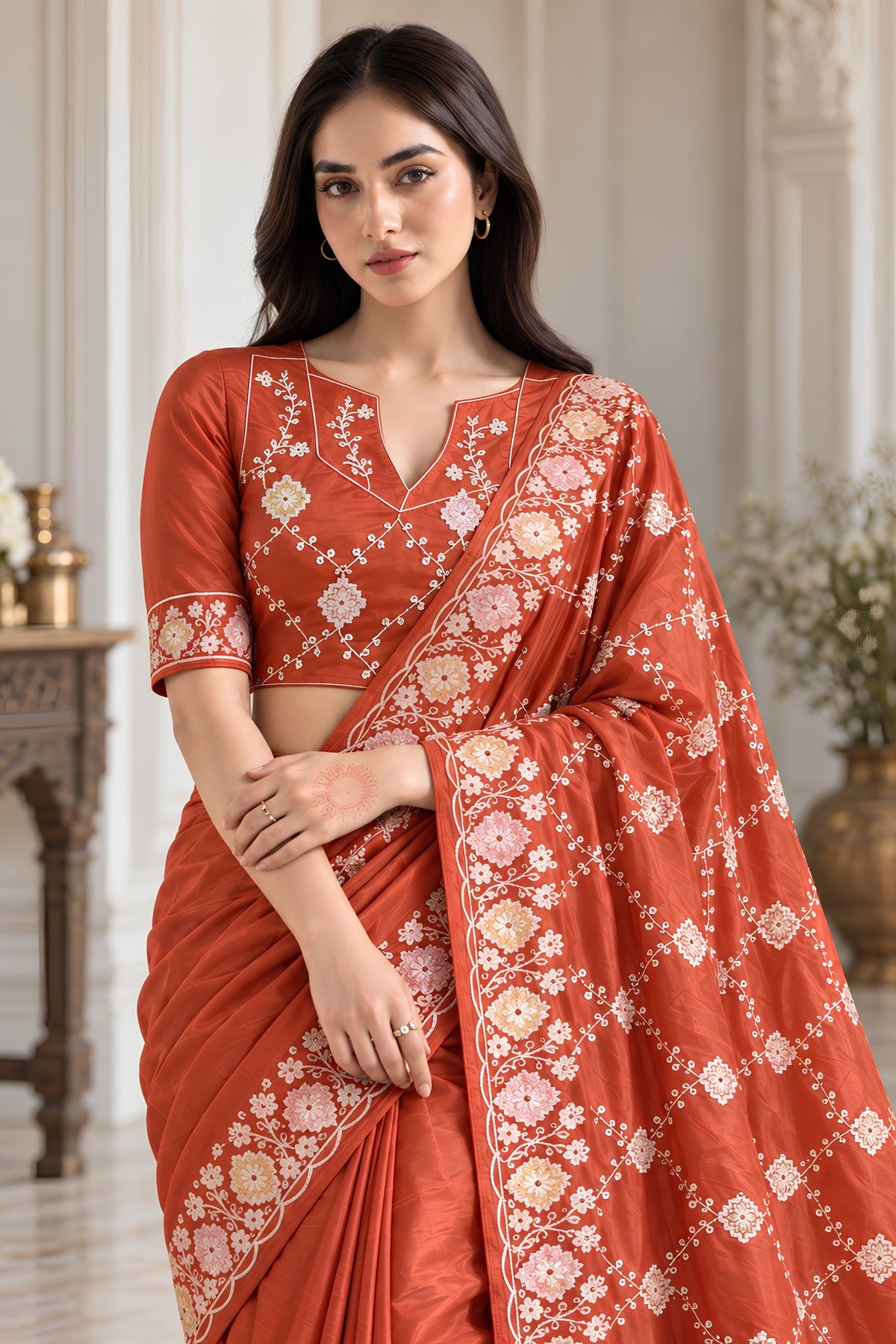 Elegant Rust Orange Ho Silk Saree with Intricate Embroidery Work for Women