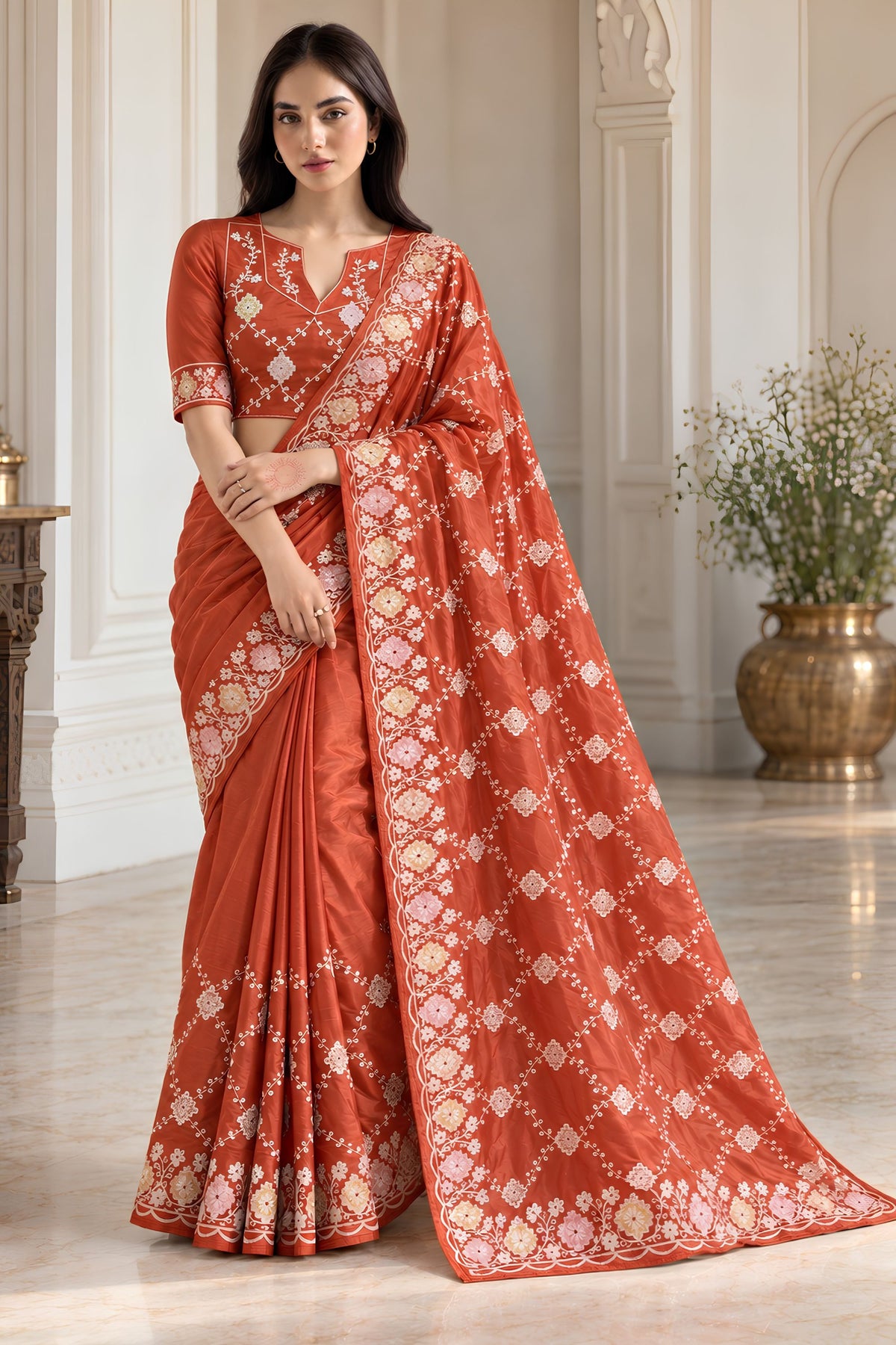 Elegant Rust Orange Ho Silk Saree with Intricate Embroidery Work for Women