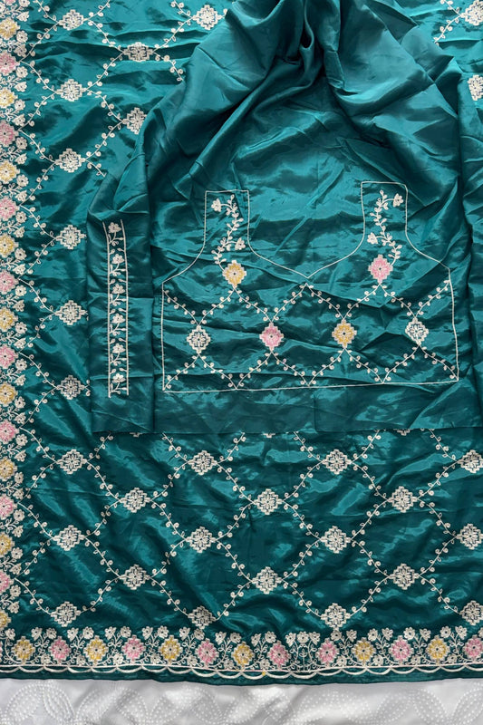 Stylish Teal Green Ho Silk Saree Embroidery Work for Women