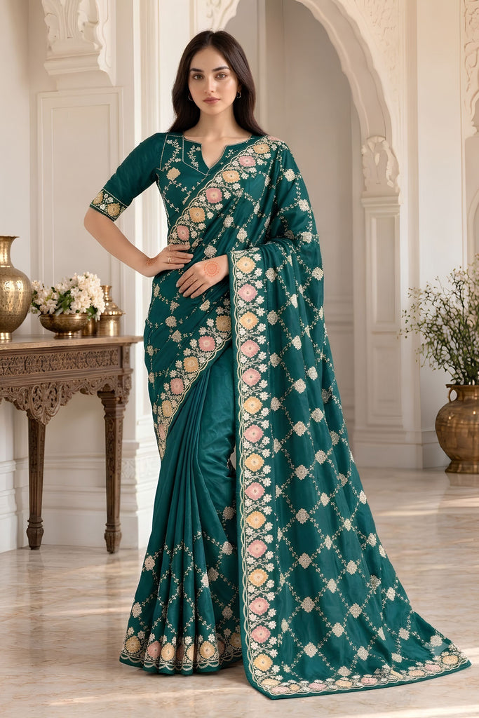 Stylish Teal Green Ho Silk Saree Embroidery Work for Women