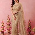 Elegant Beige Net Embroidery Work Designer Saree for Women