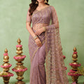 Exquisite Mauve Net Embroidery Work Designer Saree for Women