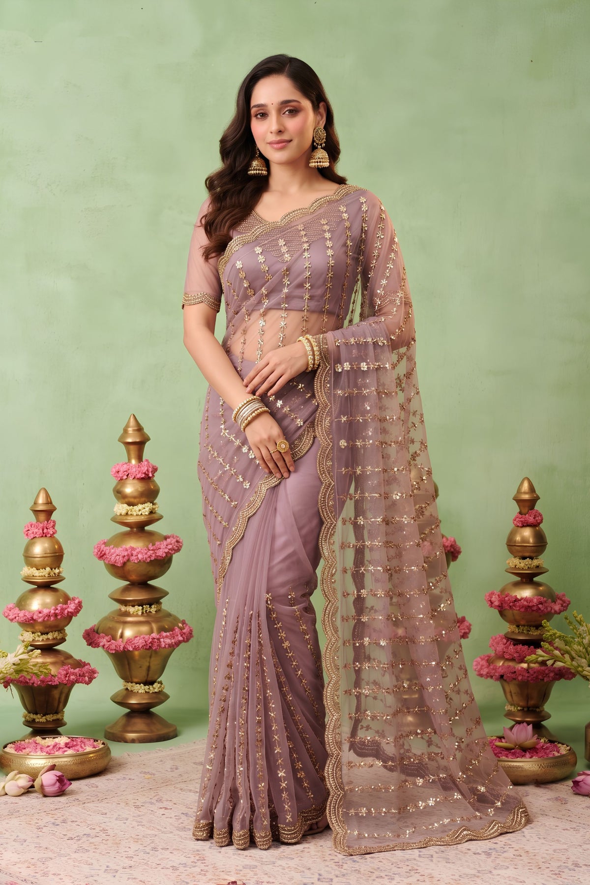 Exquisite Mauve Net Embroidery Work Designer Saree for Women