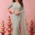 Elegant Sea Green Net Embroidery Work Designer Saree for Women