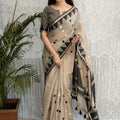 Stylish Beige Cotton Saree with Thread Embroidery Work for Women