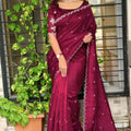 Elegant Wine Cotton Saree with Thread Embroidery Work for Women