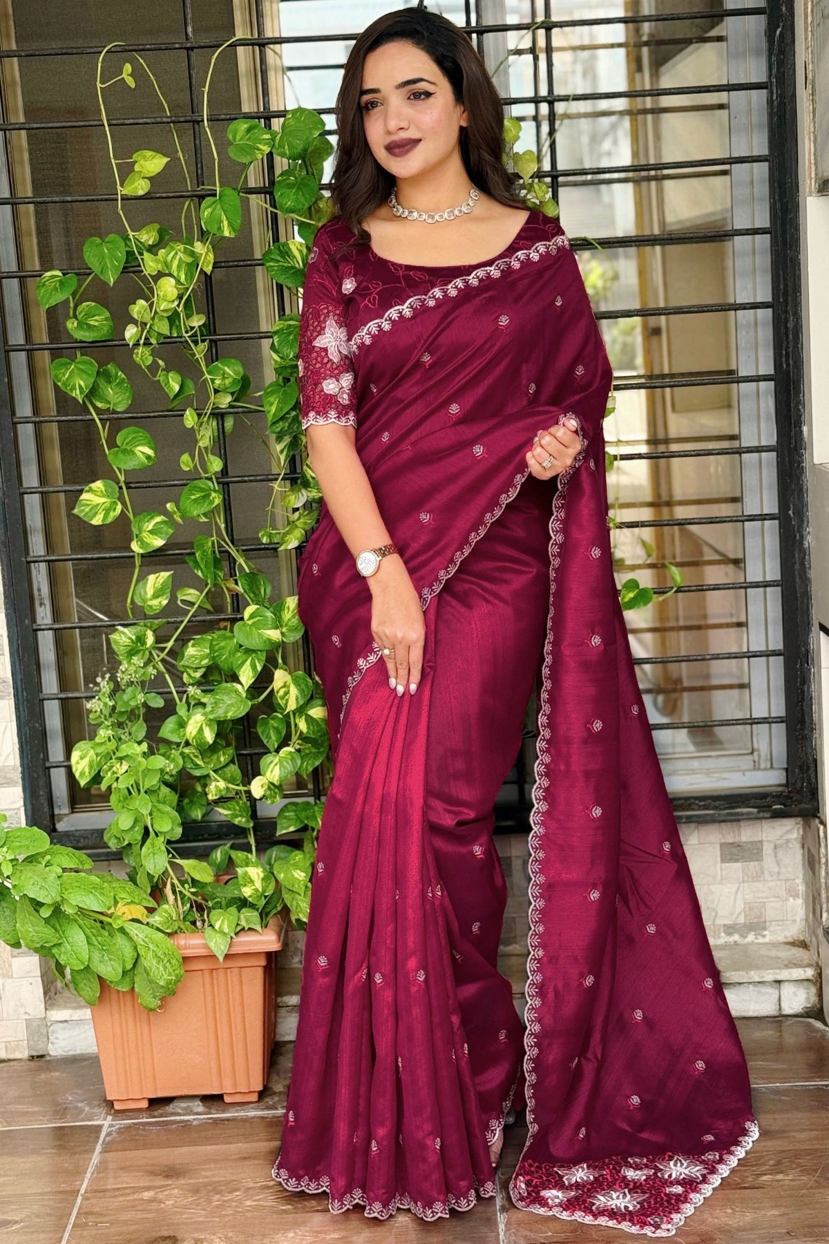 Elegant Wine Cotton Saree with Thread Embroidery Work for Women