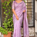 Graceful Lavender Cotton Saree with Thread Embroidery Work for Women