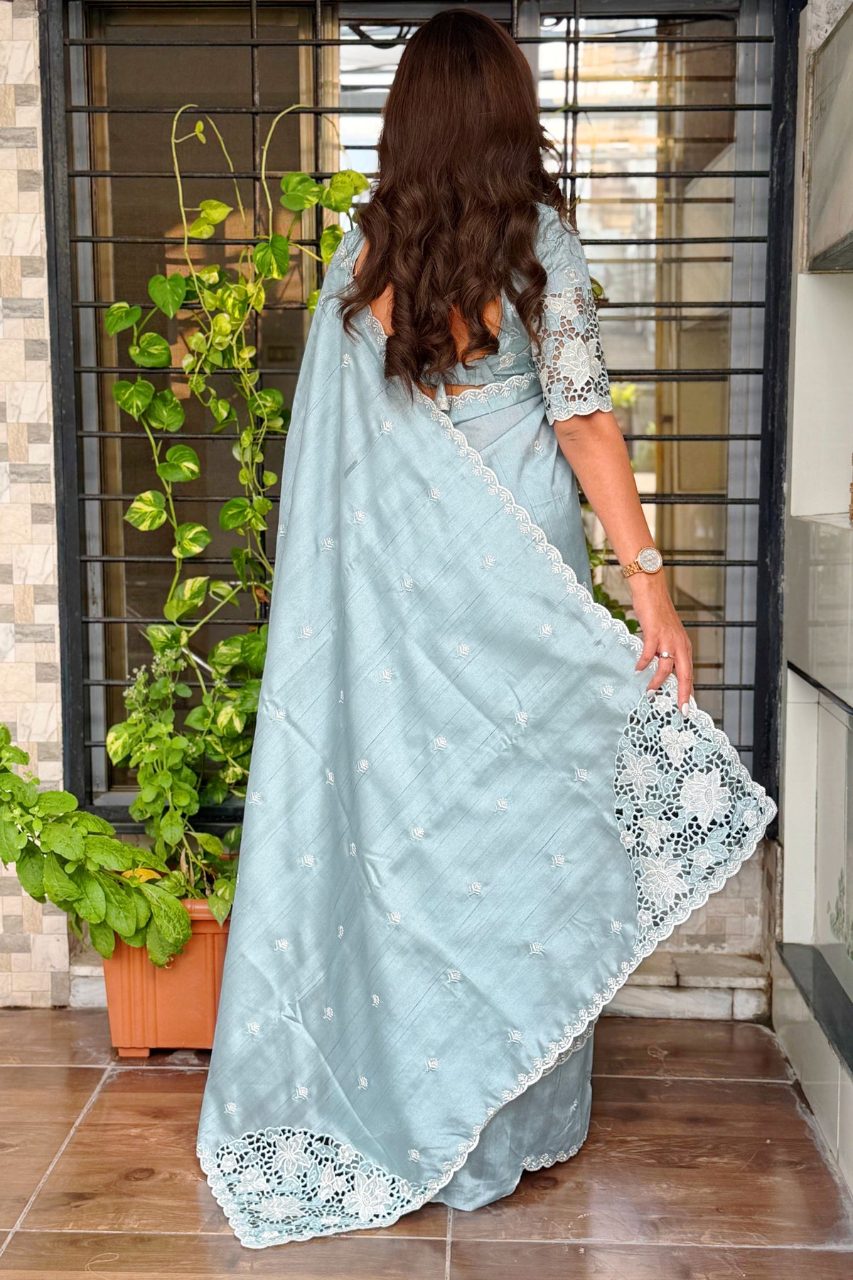 Serene Sky Blue Cotton Saree with Thread Embroidery Work for Women