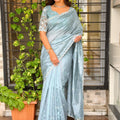 Serene Sky Blue Cotton Saree with Thread Embroidery Work for Women
