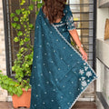 Striking Teal Blue Cotton Saree with Thread Embroidery Work for Women