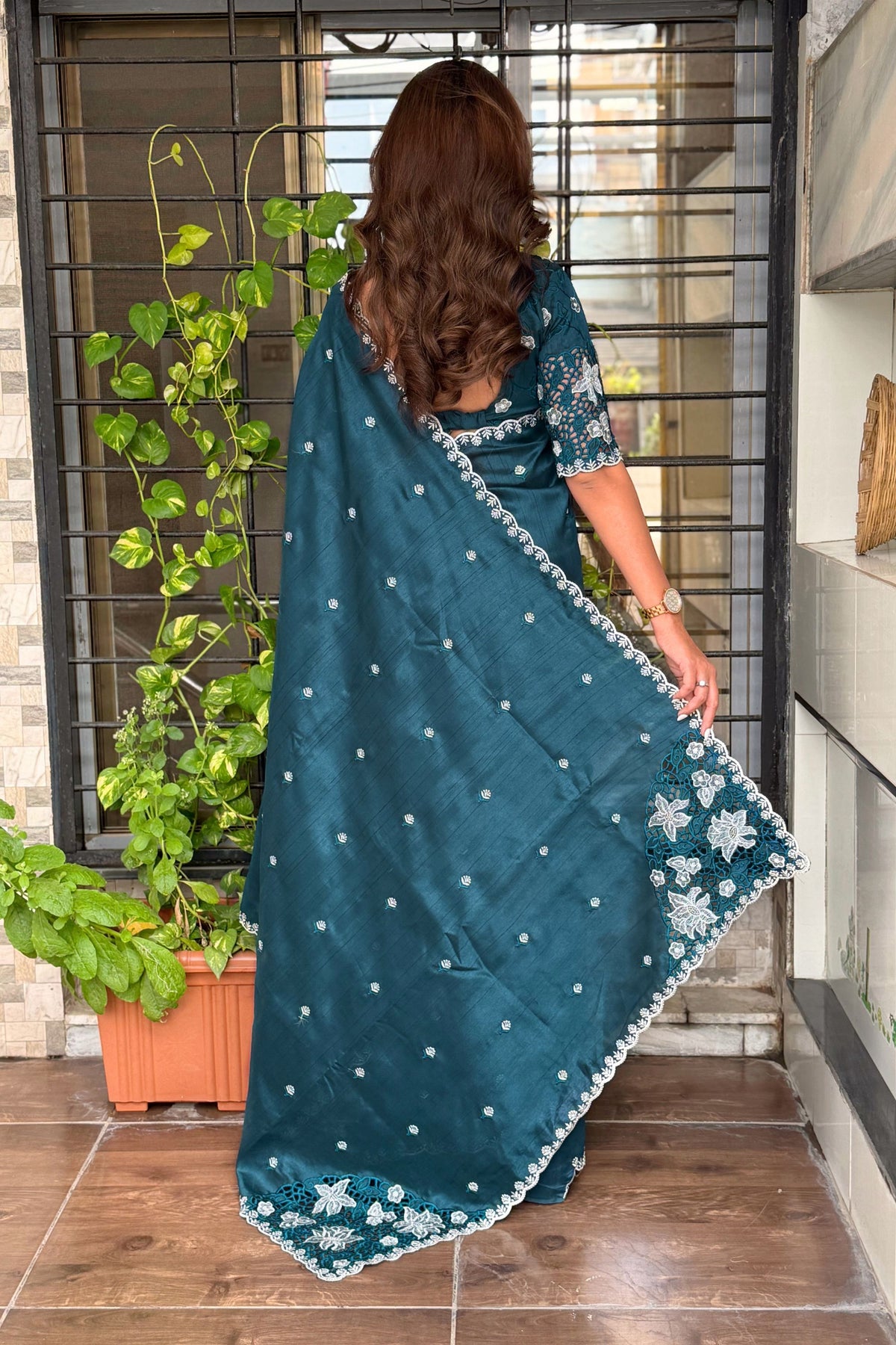 Striking Teal Blue Cotton Saree with Thread Embroidery Work for Women