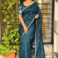 Striking Teal Blue Cotton Saree with Thread Embroidery Work for Women