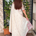 Lustrous Cream Cotton Saree with Thread Embroidery Work for Women