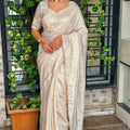 Lustrous Cream Cotton Saree with Thread Embroidery Work for Women