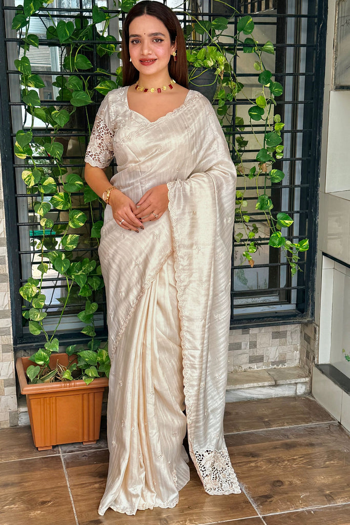 Lustrous Cream Cotton Saree with Thread Embroidery Work for Women